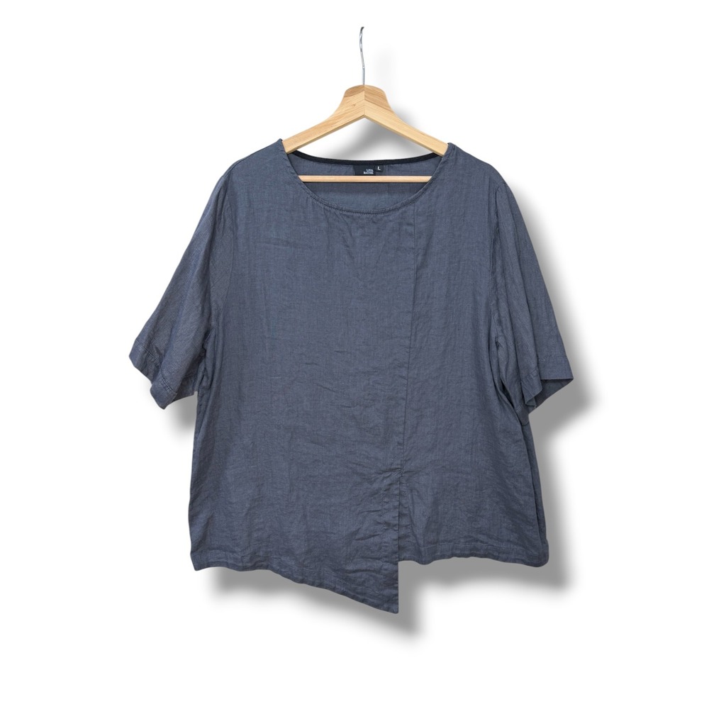 Lisa Bayne Womens L Charcoal Grey 100% Linen Asymmetric Split Hem‎ Top Lagenlook